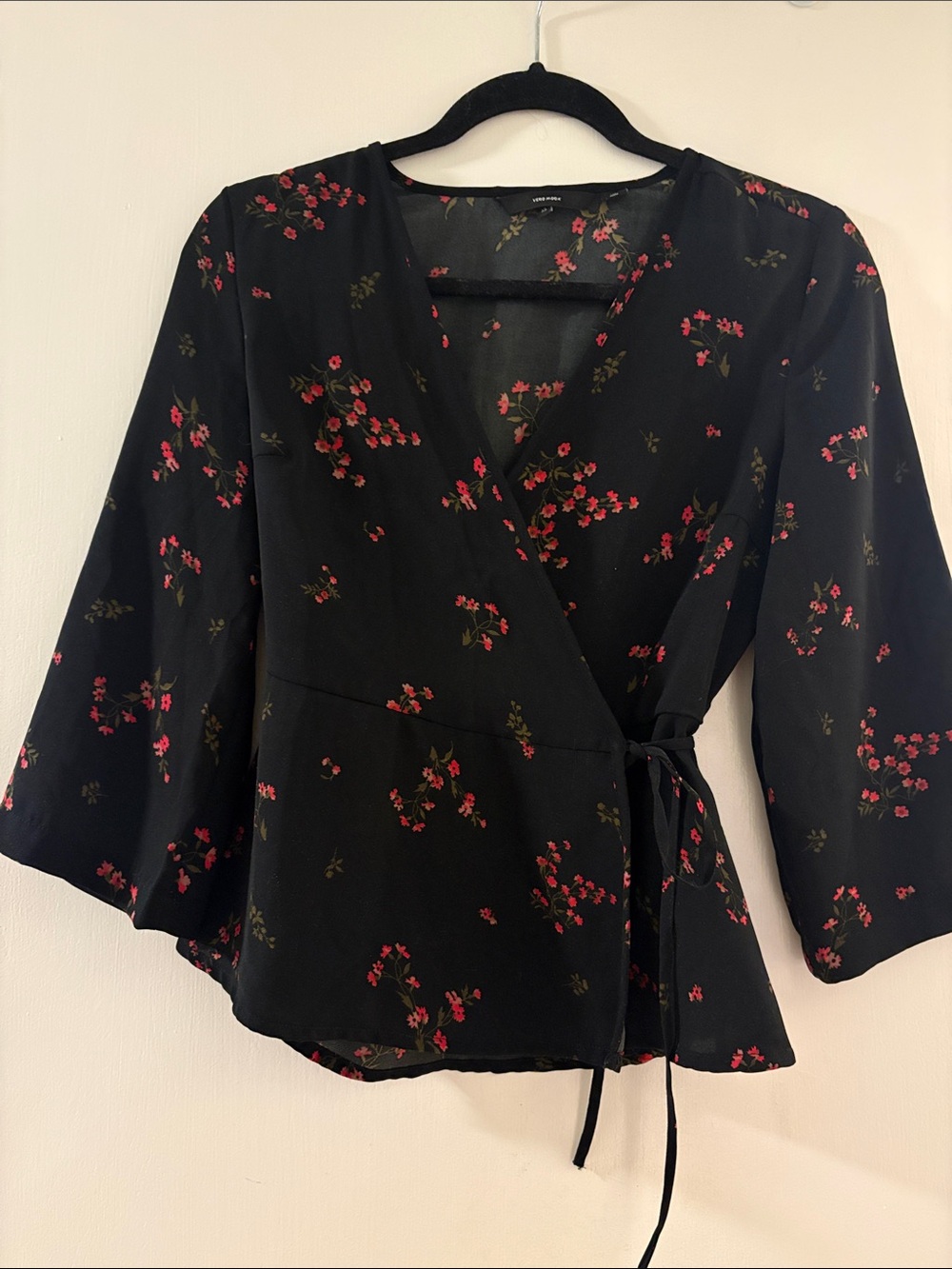 Vero Moda Black Wrap Blouse with Red Floral